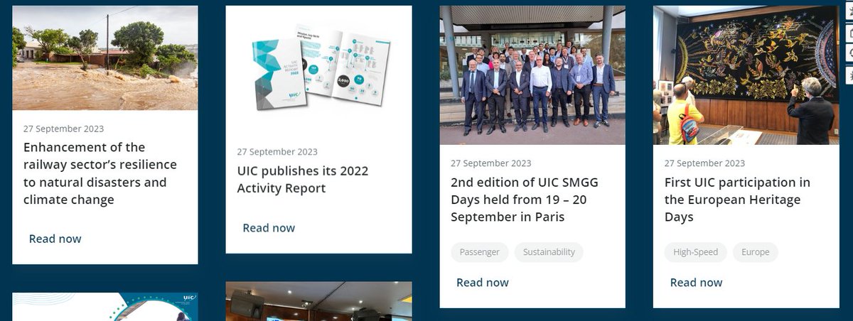 Please find the latest eNews articles on ton the Enhancement of the railway sector’s resilience to natural disasters and climate change, the UIC Activity Report 2022, the 2nd edition of UIC SMGG Days held from 19 – 20 September in Paris.