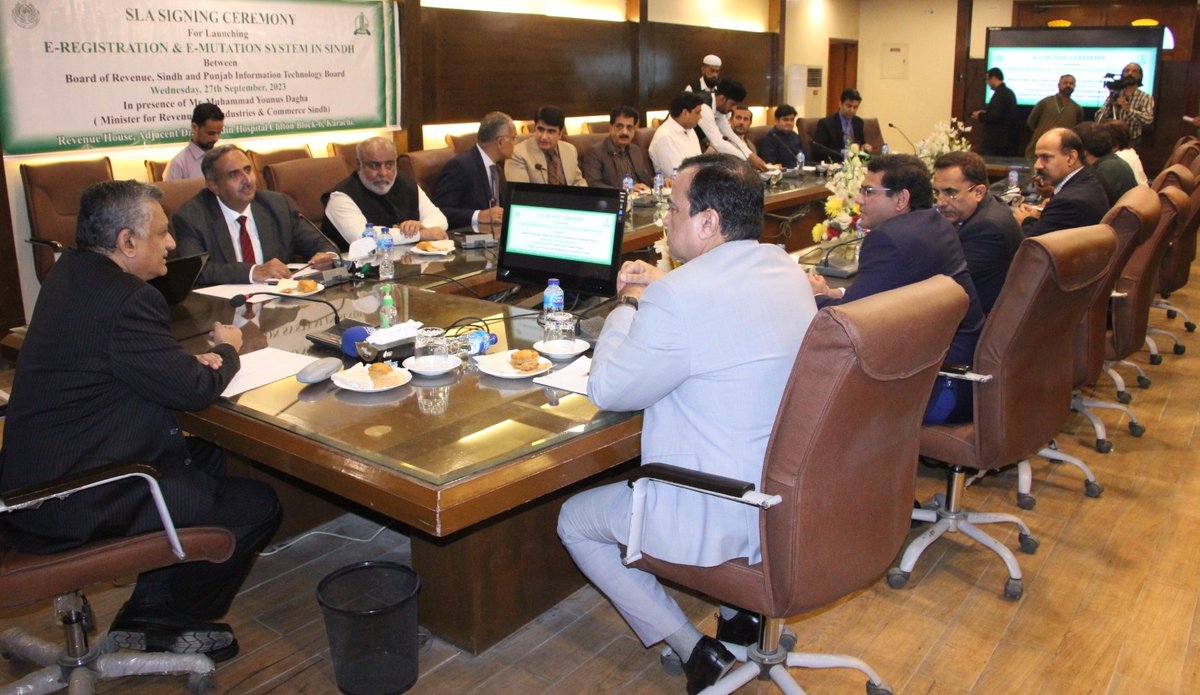 faisalfarooqi's tweet photo. Karachi, 27th September 2023

Sindh’s Caretaker Minister for Revenue, Industry, and Commerce, Sindh, Muhammad Younus Dagha, has announced that the Sindh Government will implement IT based services to enhance convenience and transparency in processing all land related documentation including registration of documents at the offices of the Sindh Board of Revenue. A Service Level Agreement (SLA) was signed between the Board of Revenue and the Punjab Information Technology Board at Revenue House, Clifton, Karachi.

Mr Dagha told the news reporters that this agreement between the Sindh Board of Revenue and the Punjab Information Technology Board will ensure ease and transparency in the registration and mutation process through automation. This will eliminate delays in work, save people's time, and provide real-time updates through the services app. The new IT system will also facilitate an automated system of accountability.

He also revealed a target to activate the deed tracking system within one week  which will be based on issuance of electronic token at the time of application in all sub-registrar offices. With the unique ID and QR code, the senior officers of the Board of Revenue, will be able to review the performance of sub-registrar offices and take timely action against delays and poor performance. 

The caretaker provincial minister, Muhammad Younus Dagha, further stated that the Sindh Board of Revenue aims to launch an e-service Android app and web portal in October next month which will cover all activities in Taluka offices  including sale certificate, domicile, copies of records, etc. This will help citizens and supervising offices to track and monitor disposals by the taluka offices. 

He stressed that the service level agreement signed today will pave the way for the creation of an e-registration and e-mutation system across the entire province. This system will initially be activated as a pilot project in one district of Sindh within the next three months, followed by the goal of implementing it in all remaining districts of the province within 45 days. Automation will not only address public complaints and prevent manipulation but also make the performance of efficient officers and staff visible while identifying those engaging in malpractices. 

The caretaker government, in its short tenure, aims to provide a strong platform to the incoming elected government to build upon.  He clarified that all these IT based systems will be accessible in English, Urdu, and Sindhi languages for public convenience. Additionally, a facilitation desk will also be available in every office to assist those who may face difficulties using the mobile app.

Prior to this announcement, Sindh Board of Revenue Member Ahmed Ali Shah and Punjab Information Technology Board Director General Sajid Latif signed the agreement.

The event was attended by Senior Member Board of Revenue Sindh Zahid Ali Abbasi, officers from the Punjab Information Technology Board, and other relevant officials.
.@DaghaYounus 
#Pakistan # Sindh #Karachi
#SindhGovt