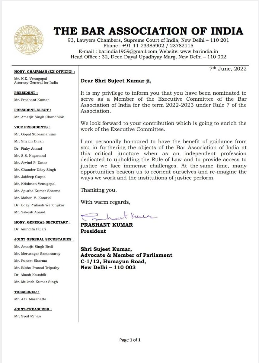 SujeetKOfficial's tweet photo. Truly humbled and deeply honoured to accept the nomination as a Member in the Executive Committee of the Bar Association of India for the 2022-2023 term.

My heartfelt gratitude to @BAI1959 for entrusting me with this responsibility. 

Eagerly looking forward to collaborating with my esteemed committee colleagues, united in our dedication to advancing justice within the legal community.