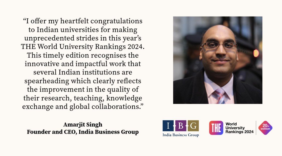 #IBG is delighted to be supporting @timeshighered as strategic advisory partner for #India.
Our congratulations to all Universities featured in this year’s edition of the #THE #World #Universities #Rankings 2024 🎉
It is wonderful to see 91 #Indian #Universities featured
#WUR2024