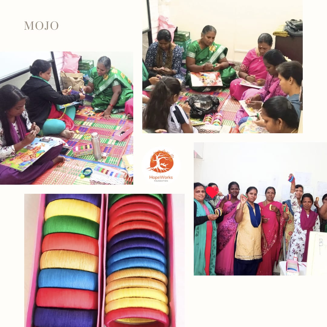 Our latest initiative, 'MoJo', is all about empowering mothers to become financially independent and kickstart their own businesses. 💪🏽 In our recent session, these incredible women embarked on a journey of skill development, learning the art of crafting Silk Thread Bangles.
