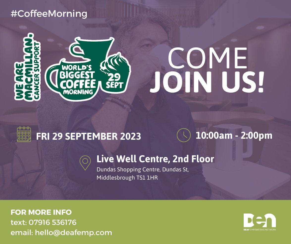 🌟 Friendly Reminder! Join us for a heartwarming chat over coffee, tea, and cakes! ☕🍰

Let's celebrate the World's Biggest Coffee Morning by MacMillan Cancer Support. Connect with DEN's staff and community for a meaningful time! 💬🤝

#CoffeeMorning #CommunityLove #JoinUs