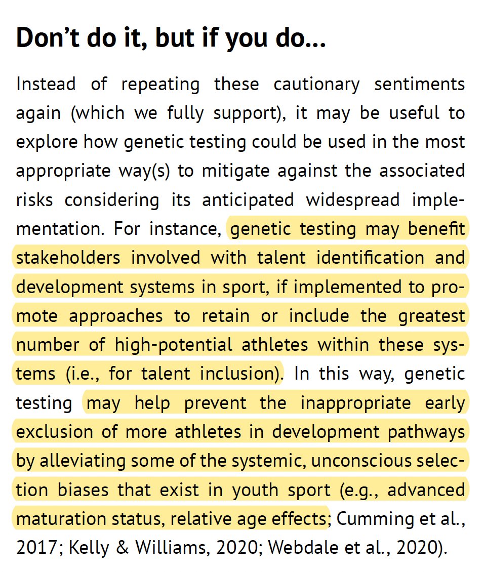 Should genetic testing be used for talent ID in sport? ❌ Current evidence suggests no - genetic testing can't predict top athletes. ✅ But perhaps it could help with talent INCLUSION - keeping more athletes in sport systems by identifying those with 'potential'...