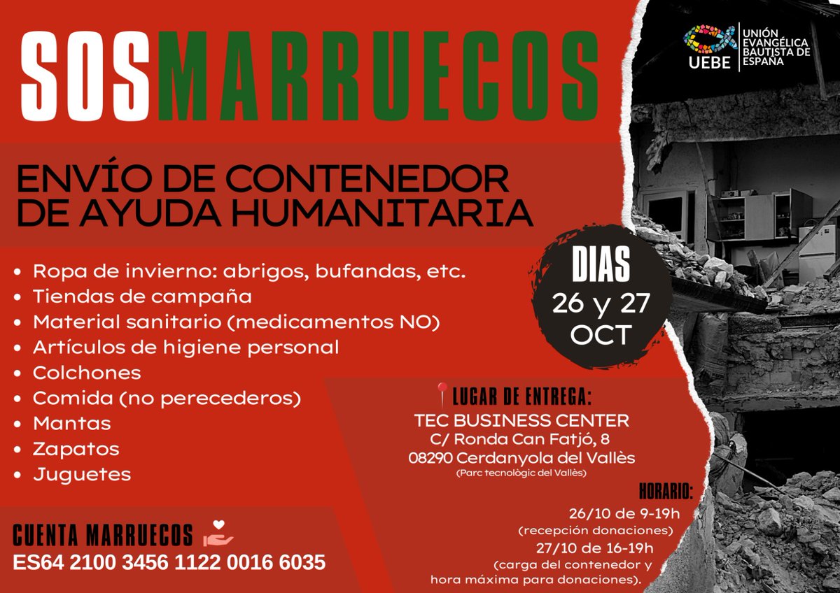 Tras enviar la primera ayuda inmediata de emergencia sobre la zona afectada (voluntarios, alimentos, tiendas y dos camiones de material de construcción), ahora enviaremos un contenedor para Marruecos y las familias afectadas por el terremoto. 

¡Súmate!