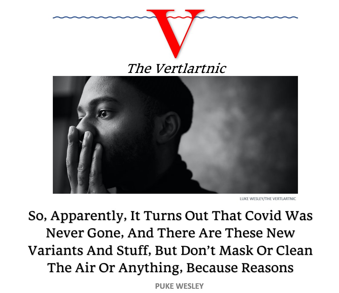 TheVertlartnic's tweet photo. So, Apparently, It Turns Out That Covid Was Never Gone, And There Are These New Variants And Stuff, But Don’t Mask Or Clean The Air Or Anything, Because Reasons https://t.co/OvTBPeiCwd