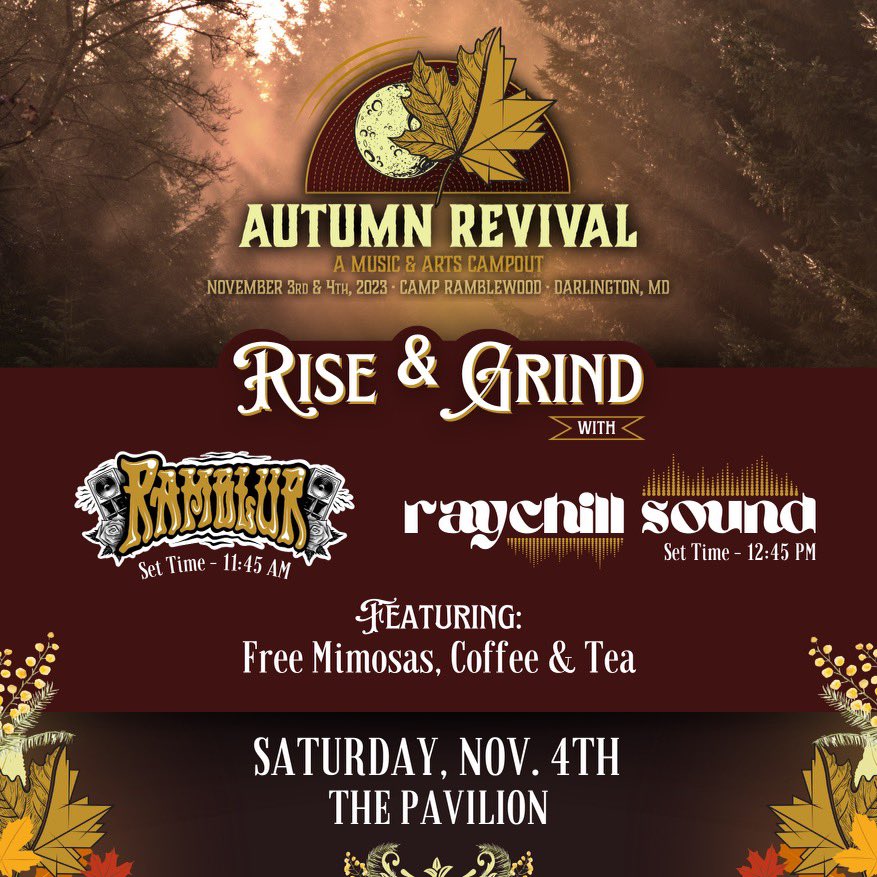🍁 RISE AND GRIND 🍁 

Come kick off your Saturday morning of <a href="/Autumn__Revival/">Autumn Revival</a> with me and <a href="/raychillsound/">rachael 🪩</a>, and have a drink on us 🍾.

Big blends and and big bottles on the menu, see y’all at Ramblewood next month. 🔊