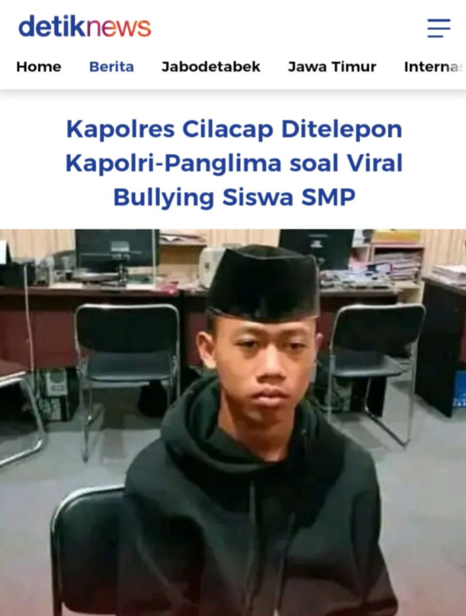 [ NETIZEN +62 EMANG LUAR BIASA]

Kapolres Cilacap :
Saya ditelepon 
1. Staf Presiden
2. Panglima TNI
3. Kapolri
4. Menteri PMK
krn kasus Bullying Siswa SMP
 ini mendapat perhatian dari <a href="/UNESCO/">UNESCO 🏛️ #Education #Sciences #Culture 🇺🇳</a>

- inilah Tampang Si Pelaku Indonesia Go Internasinal krn Ketololanmu