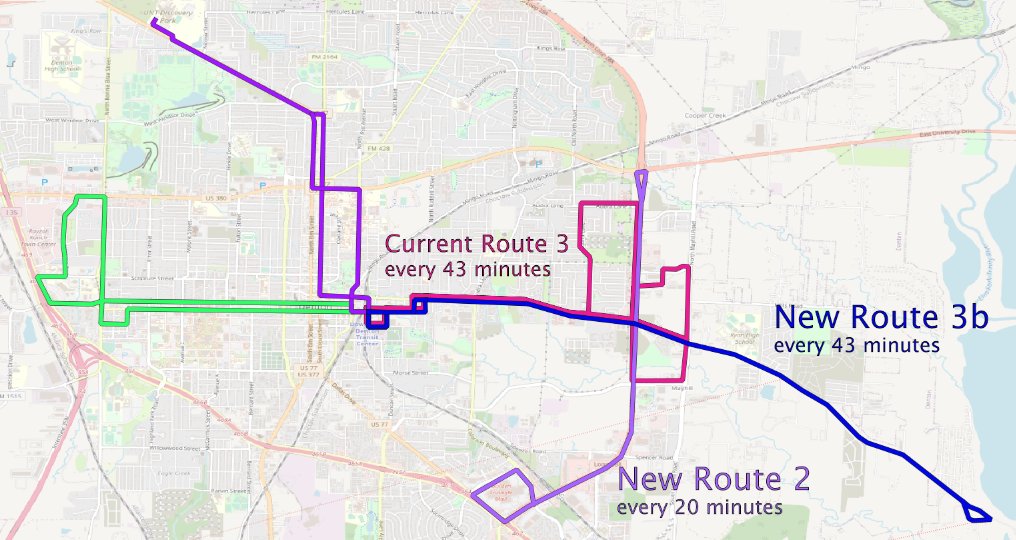 Today at the Denton Mobility Committee meeting, one of our members presented our plan for reviving bus service in Denton - buy 2 routes from DCTA that will run along McKinney &amp; Loop 288. These routes would serve thousands of homes, the loop 288 area, Ryan High, and more