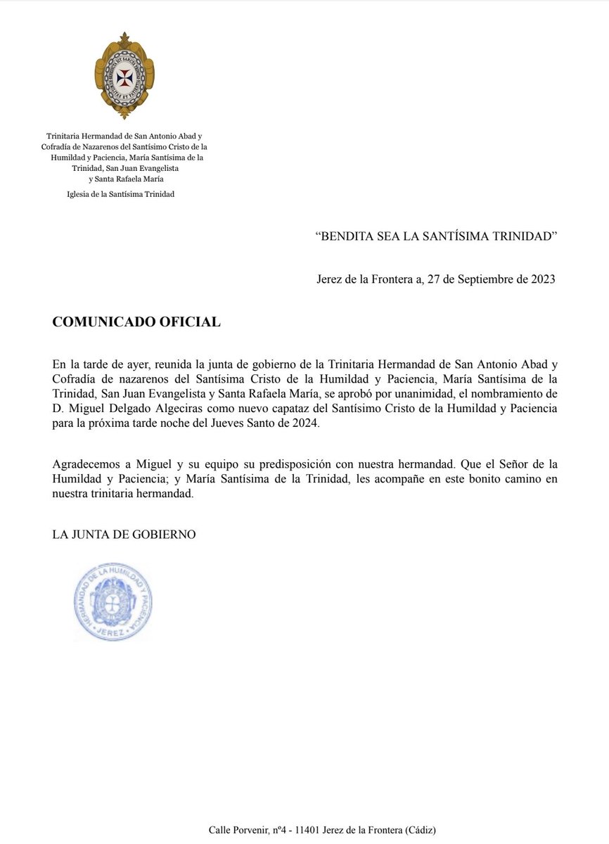 📃 COMUNICADO OFICIAL| Miguel Delgado, capataz del paso de misterio del Santísimo Cristo de la  Humildad y Paciencia para el Jueves Santo 2024.

Comunicado completo 👇🏼
#JuevesSanto #Capataz