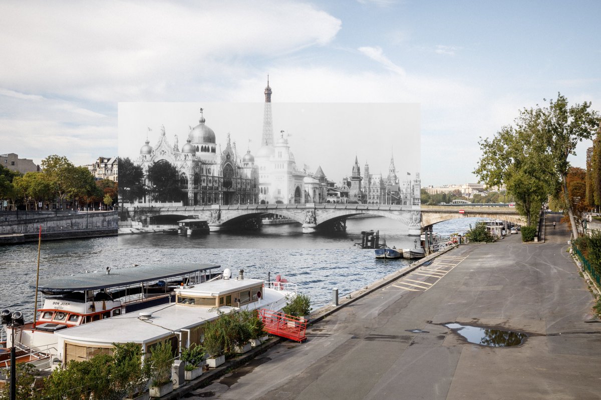 LaTourEiffel's tweet image. 🇫🇷 1900 vs 2023, depuis le Port des Champs-Elysées ! J’avais 11 ans sur cette photo prise lors de l’Exposition universelle de @Paris en 1900. On peut contempler le Pont des Invalides et la splendeur des pavillons des nations étrangères le long du Quai d’Orsay 🤩
#AvantAprès