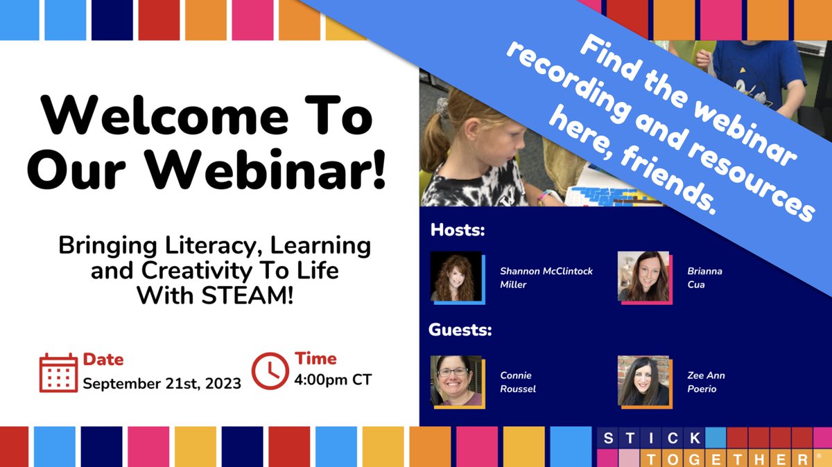 Shannon McClintock Miller (@shannonmmiller) on Twitter photo Our <a href="/byStickTogether/">Demco StickTogether</a> webinar on September 21 was so much fun! 🎉🎉🎉
<a href="/BriannaMCua/">Brianna Cua</a> and I welcomed our friends, <a href="/magistrazee/">Zee Ann Poerio</a> and Connie Ann Roussel to talk about Bringing Literacy, Learning and Creativity to Life With STEAM.
You will find the recording of the webinar here in the Our <a href="/byStickTogether/">Demco StickTogether</a> webinar on September 21 was so much fun! 🎉🎉🎉
<a href="/BriannaMCua/">Brianna Cua</a> and I welcomed our friends, <a href="/magistrazee/">Zee Ann Poerio</a> and Connie Ann Roussel to talk about Bringing Literacy, Learning and Creativity to Life With STEAM.
You will find the recording of the webinar here in the