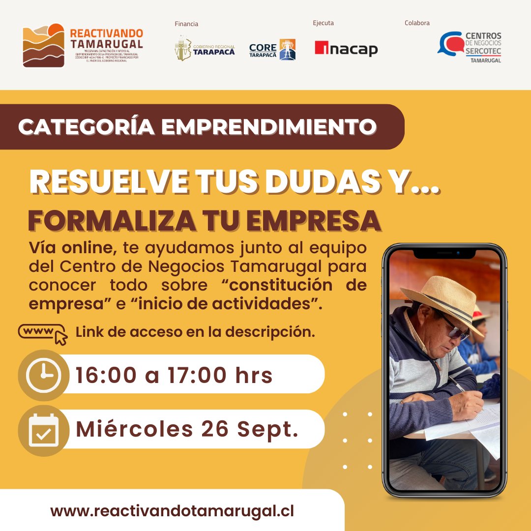 RTamarugal's tweet photo. #ProvinciaDelTamarugal
Gracias a la "gran convocatoria", vía online junto al Centro de Negocios Tamarugal, resolveremos tus dudas sobre "constitución de empresa" e "inicio de actividades".
@Gore_Tarapaca @CoredeTarapaca @sercoteciquique
@Sercotec_Chile @Inacapinos @INACAPiquique https://t.co/aaPgmUojXE