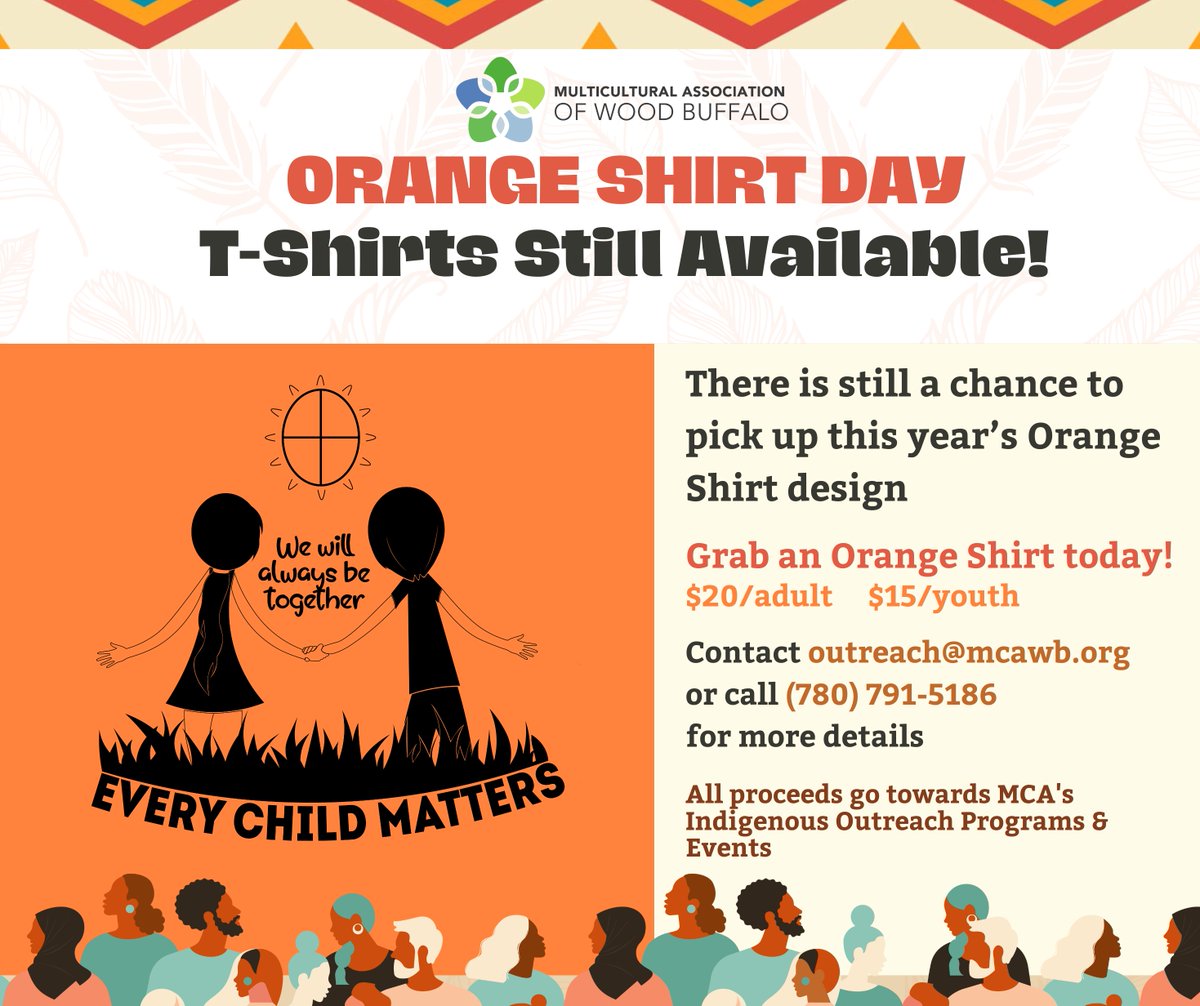 Did you miss out on last week's BBQ, but still want to grab this year's Orange Shirt Design? 

The MCA has various orange shirt sizes available for purchase!

T-Shirt prices are:
$20/adult 
$15/youth

All t-shirt proceeds go towards funding our Indigenous Outreach programming.