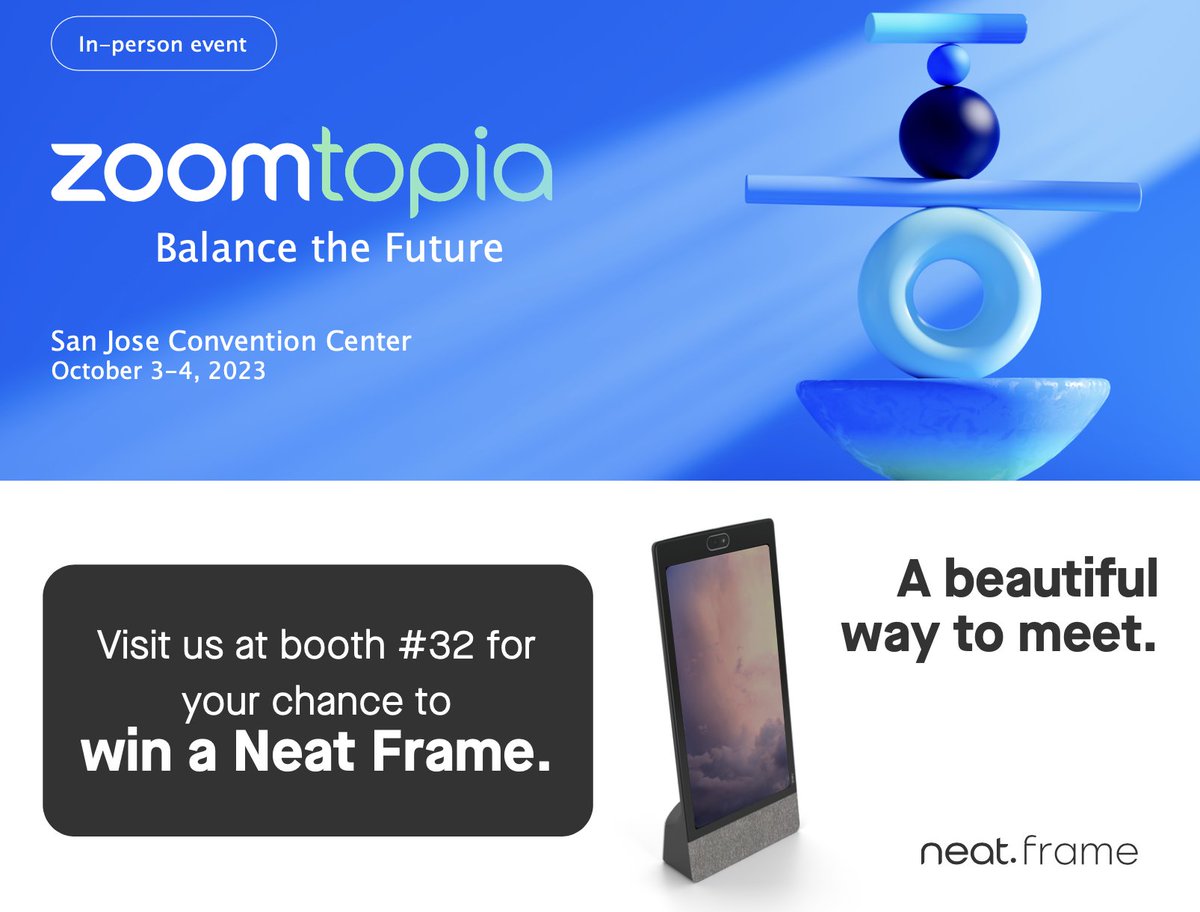 PriscillaBarolo's tweet photo. Back at #Zoomtopia...this time as a sponsor! Say hi at @neatmeetings booth - we're raffling off a Neat Frame! And we're hosting 2 sessions: with OFS on creating vibrant space as employees return to the office &amp; with Stanford's Nicholas Bloom on productivity and hybrid work. https://t.co/QNQa97cKzS