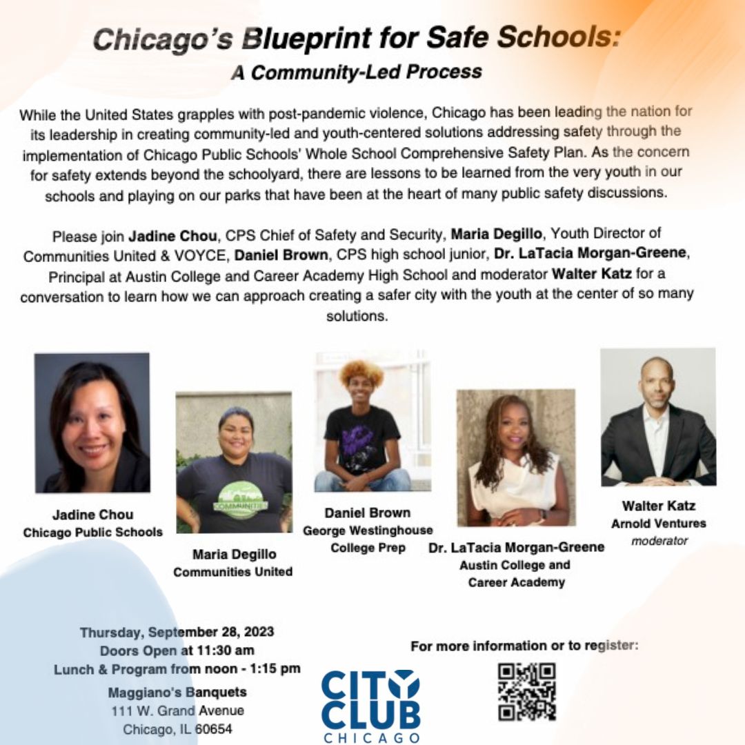CommsUnited's tweet image. Join us TOMORROW!!

Chicago's youth have been at the forefront of creating change on what it means to be safe in schools through CPS’s Whole School Comprehensive Safety Plans.   #WholeSchoolSafety #RethinkingSafety #chicagopublicschools

RSVP: cityclub-chicago.org/event/2/3591/c…