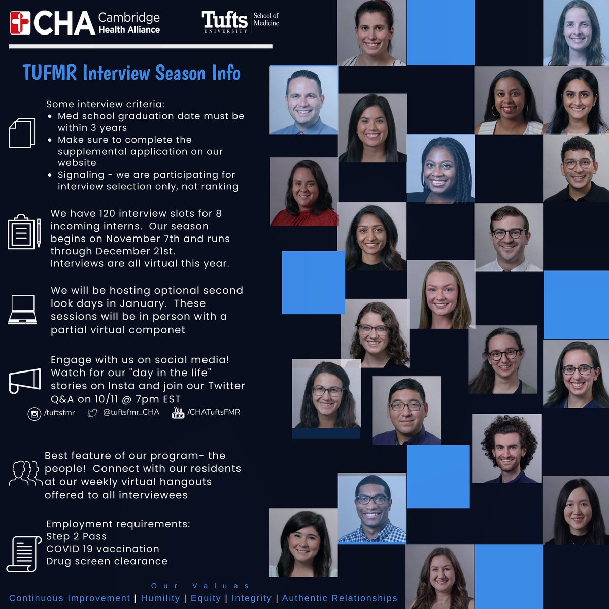 It’s the most wonderful time of the year… interview season! Here’s some info for applicants to our program. We are excited to connect w/folks and share more about TUFMR <a href="/challiance/">Cambridge Health Alliance (CHA)</a> 🎉 #clinicisthecurriculum #familymedicine #fmrevolution #boston #recruiting