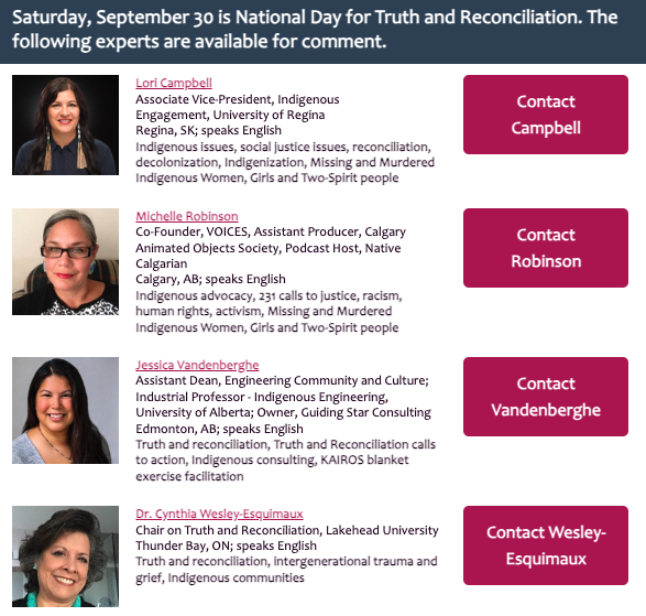 Hey #CdnMedia, these experts are available to share insights & knowledge on #TruthandReconciliation:
👉Lori Campbell(@rychemom)
👉Michelle Robinson(@N8V_Calgarian)
👉Jessica Vandenberghe(@JMVandenberghe)
👉Cynthia Wesley-Esquimaux(@cynthiawesley)

Contact: conta.cc/3t8PPk1