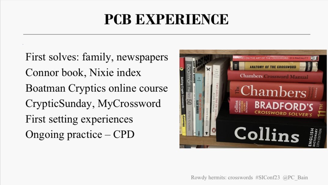 PC_Bain's tweet photo. Enjoyed giving my ‘rowdy hermits’ talk at @indexers #SIConf23, comparing the writing of crosswords and indexes (like Pixie’s #IndexDay puzzle). Shout-outs given to @alanconnor @BoatmanCryptics #CrypticSunday and @RaiderCrossword’s MyCrossword site. All in a book frock, of course. https://t.co/qtLJ1WlikC