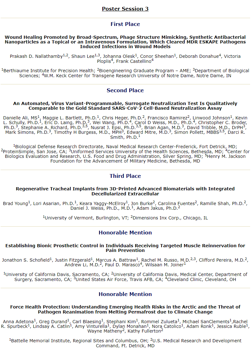 prakashdn's tweet photo. The Nallathamby group won 1st place at the DoD's largest health conference (MHSRS'23) for our disruptive work on tackling the biggest public health problem of MDR bacterial infections. Proud to represent ND among other distinguished participants! #GoIrish #NDresearch #mdr https://t.co/kv1C867BYz