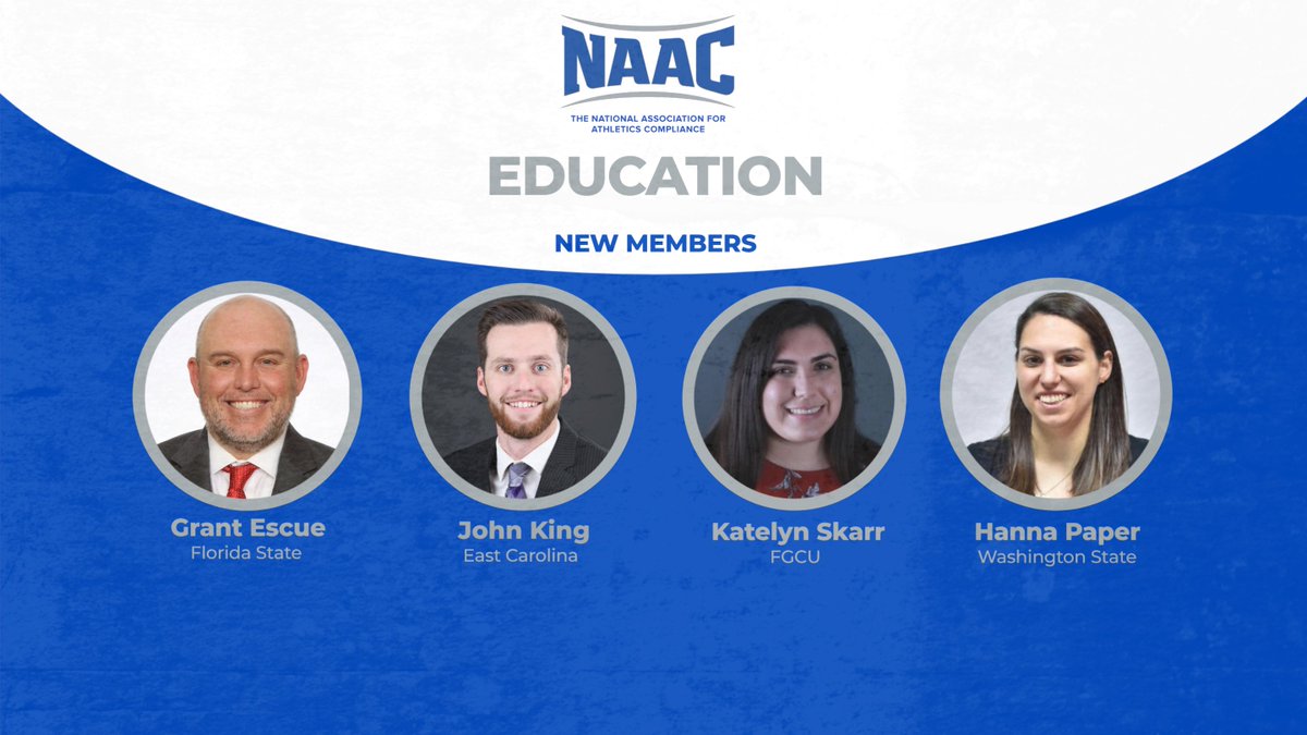 Our Education Committee welcomes

Grant Escue from <a href="/FSUCompliance/">FSU Compliance</a> 
<a href="/Just_JKing32/">John King</a>  from <a href="/ECUComply/">ECU Compliance</a> 
<a href="/k_skarr/">Katelyn Skarr</a> from <a href="/FGCU_Compliance/">FGCU Compliance</a> 
Hanna Paper from <a href="/WSUCompliance/">WSU Compliance</a>