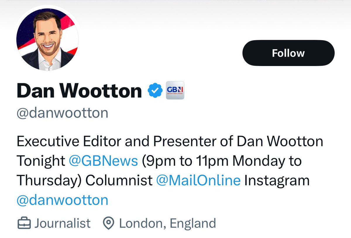 Looks like <a href="/danwootton/">Dan Wootton</a> needs to update his Twitter bio. 
Presenter <a href="/GBNEWS/">GB News</a> ❌
Columnist <a href="/MailOnline/">Mail Online</a> ❌
Instagram handle ✔️
Journalist ❌
I guess one out of four ain’t bad. 
#GBNews