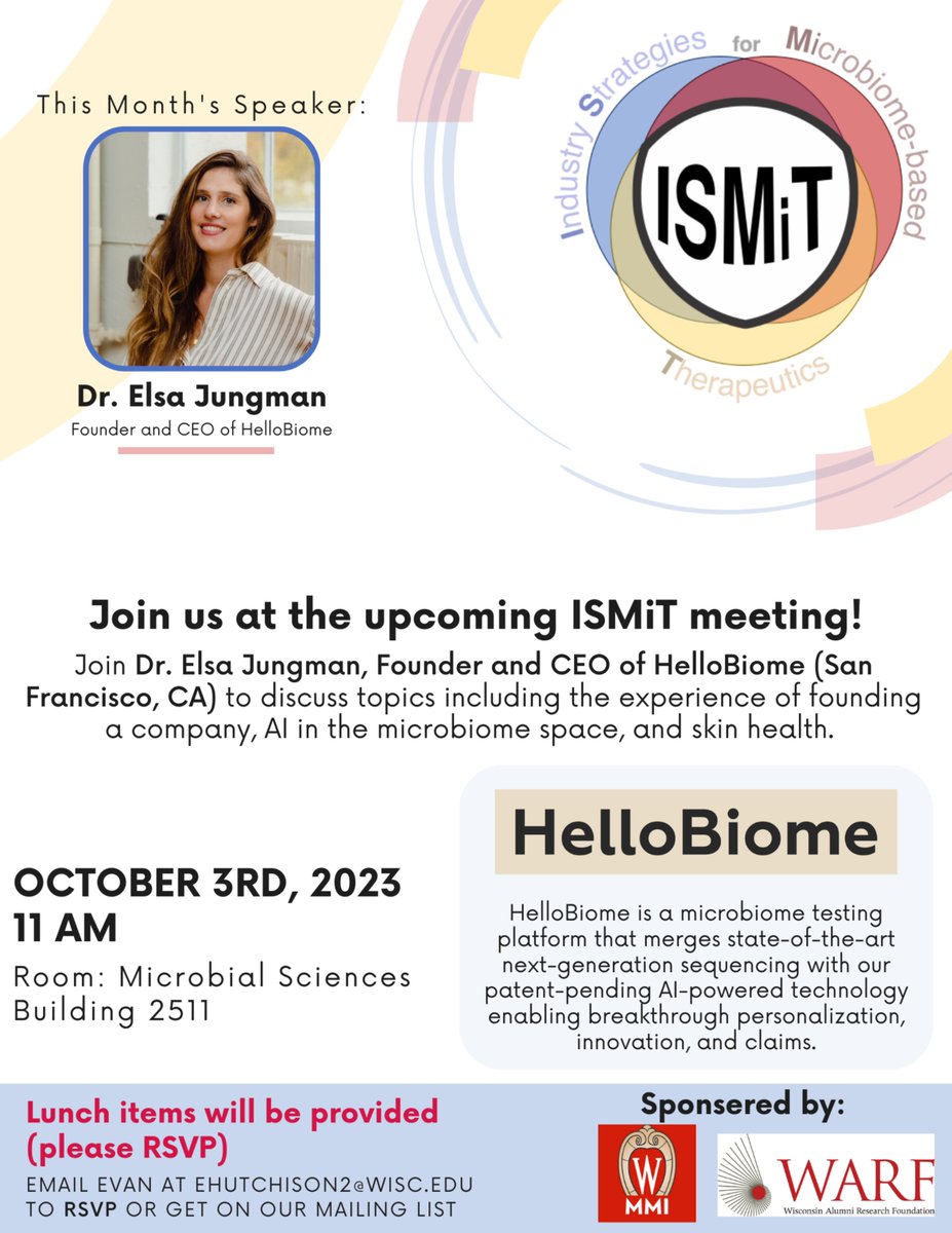 WARF (Wisconsin Alumni Research Foundation) (@warf_news) on Twitter photo We're delighted to sponsor the Oct. 3 ISMiT lunch featuring <a href="/elsa_jungman/">Elsa Jungman, Ph.D.</a> of <a href="/HelloBiome/">HelloBiome</a>. <a href="/UWMadGSEd/">UW-Madison Graduate School</a> students & <a href="/Badgerdocs/">Badger Postdocs</a> are invited to attend. We're delighted to sponsor the Oct. 3 ISMiT lunch featuring <a href="/elsa_jungman/">Elsa Jungman, Ph.D.</a> of <a href="/HelloBiome/">HelloBiome</a>. <a href="/UWMadGSEd/">UW-Madison Graduate School</a> students & <a href="/Badgerdocs/">Badger Postdocs</a> are invited to attend.