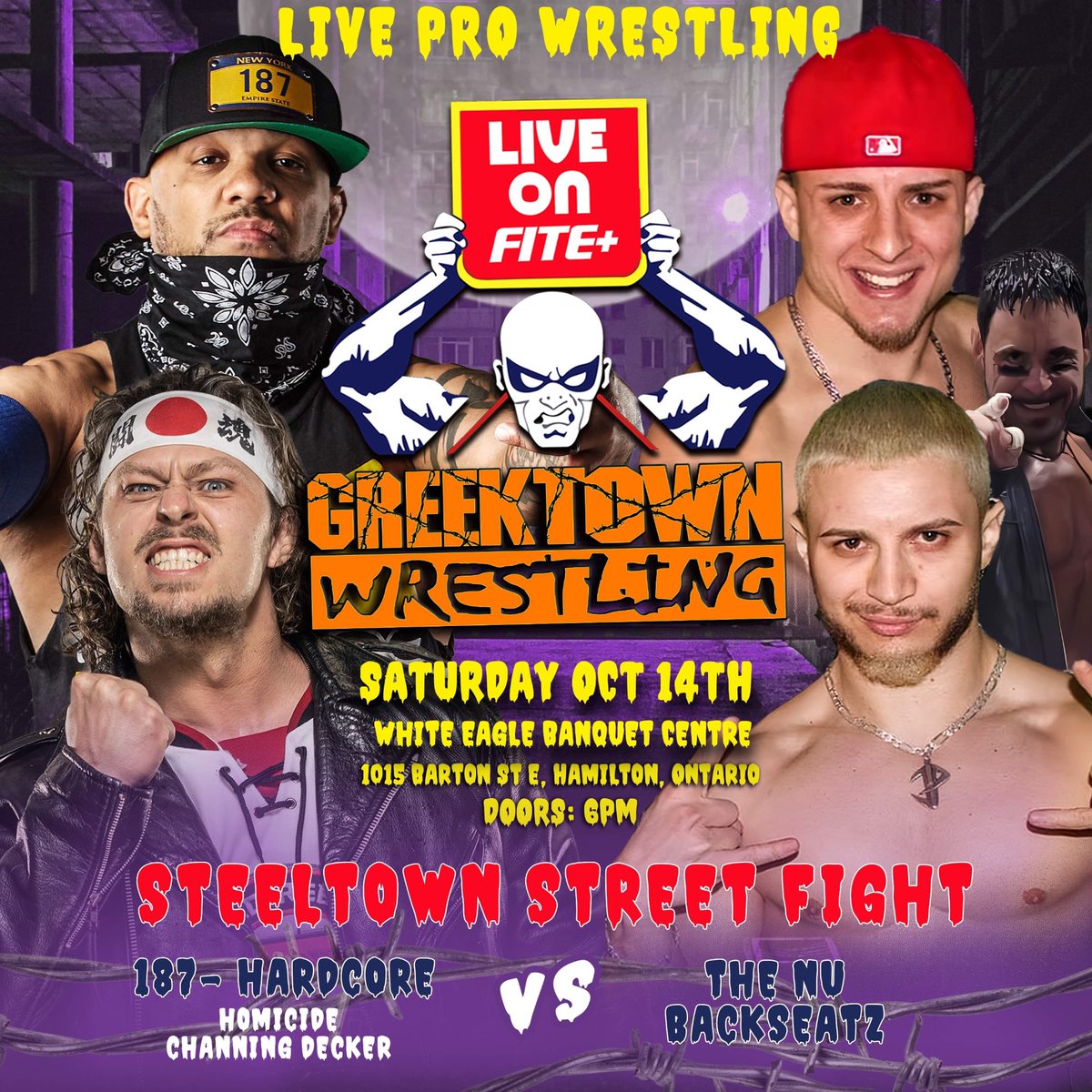 HAMILTON 🚨 GOT A PROBLEM? CALL 187-HARDCORE AS @Channing_Decker TEAMS WITH LEGENDARY #HOMCIDE TO TAKE ON @THENUBACKSEATZ IN A STEELTOWN STREETFIGHT! 🤯 LIVE WORLDWIDE ON @fitetv SATURDAY OCTOBER 14! 💯 GET YOUR TICKETS NOW! LINK IN BIO 🫵🏼 #GREEKTOWNWRESTLING #FITETV