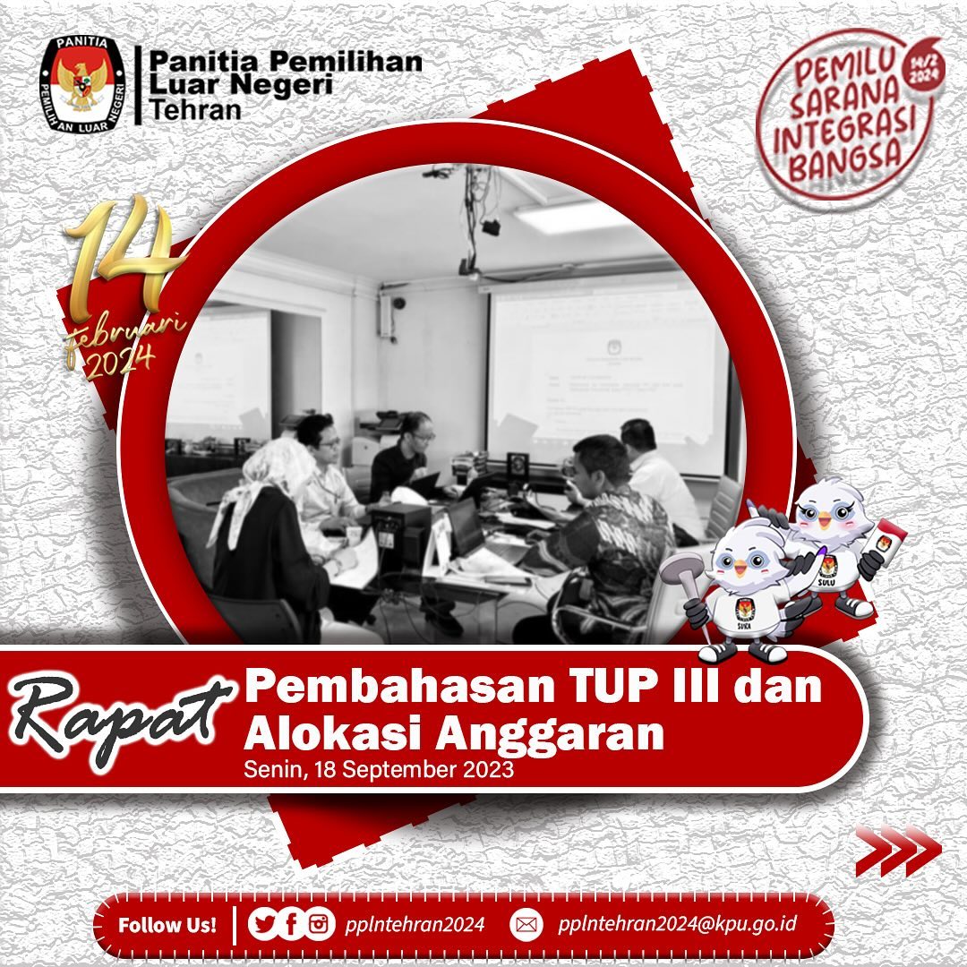 pplntehran2024's tweet image. Rapat PPLN dan Sekretariat PPLN Tehran
🗓️ Senin, 18/09/2023
📎 Pembahaaan TUP III dan Alokasi Anggaran untuk Prioritas Kegiatan serta hal-hal terkait lainnya
📍 Sekretariat PPLN Tehran

#PPLN
#Pemilu2024
#Tehran #Iran
#DPT
#DPK
#TPS
#KSK