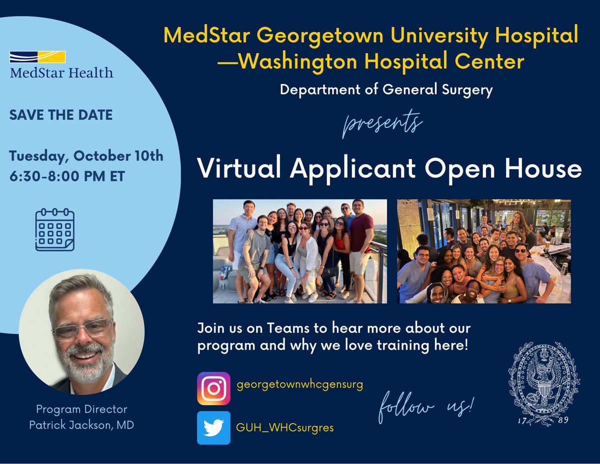 📣 #GenSurgMatch2024 

Join us for our next Virtual Applicant Open House to meet our PD and residents! We will be discussing our flexibility in training model, life in DC and anything else YOU would like!!

🗓️ Tuesday, 10/10 from 6:30-8 PM ET
 
Link: tinyurl.com/GUHWHCSurg