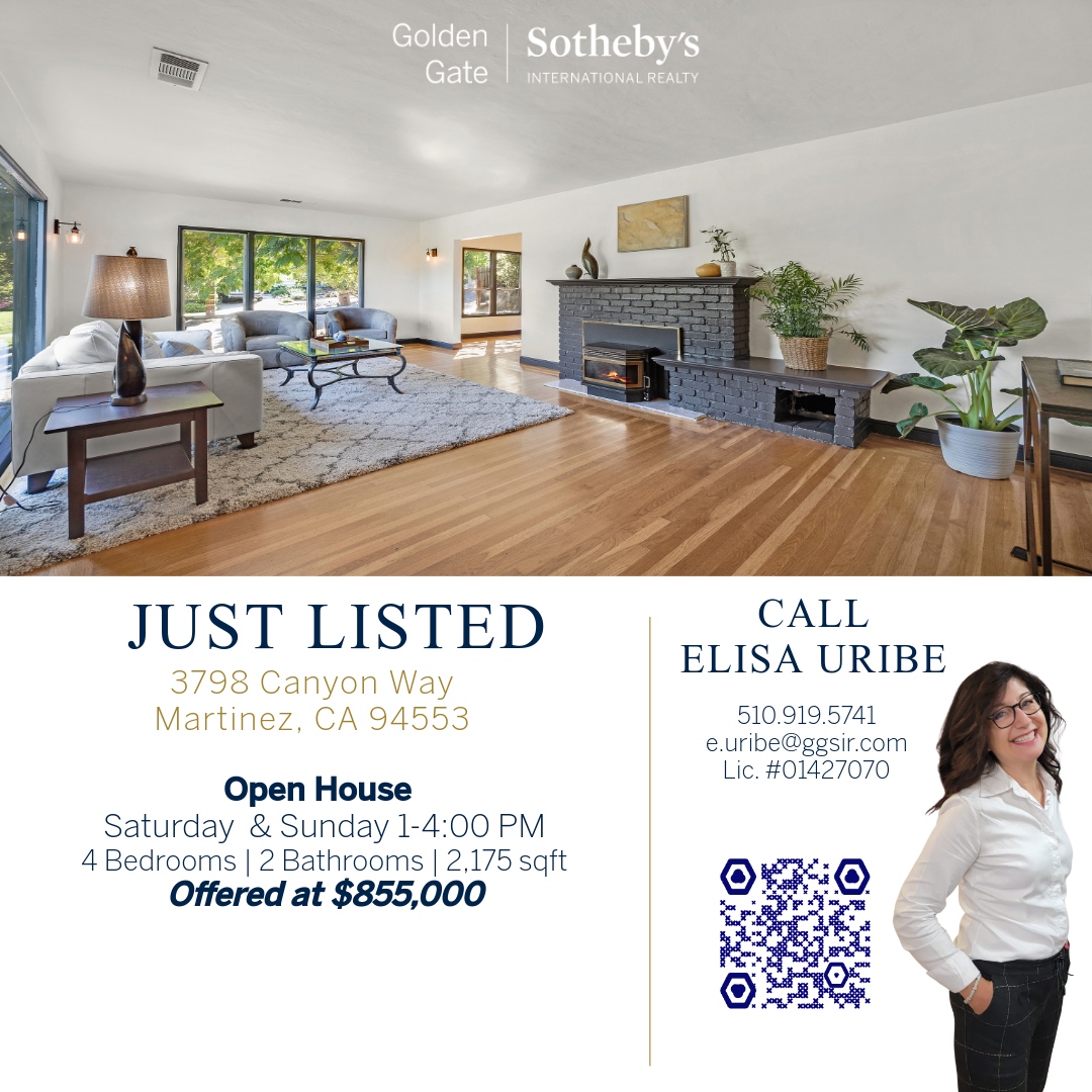 #JUSTLISTED
3798 Canyon Way, Martinez CA 94553
Open House this weekend from 1-4 PM  
#newlisting #GGSIR #ElisaUribeRealtor #sothebys #realtor #realtorlife #realestate #realestateagent #houseforsale #Concord #California