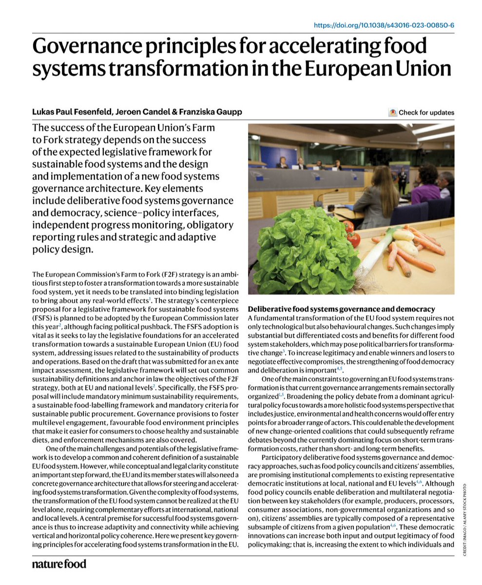 Lukas Fesenfeld (@lfesenfeld) on Twitter photo Very glad about our new piece on governance principles for accelerating food systems transformation in the EU <a href="/NatureFoodJnl/">Nature Food</a> with @JeroenCandel & <a href="/FranziskaGaupp/">Franziska Gaupp</a>
See here for why a rapid reform of EU food system governance matters & how it could look like
rdcu.be/dnaXH Very glad about our new piece on governance principles for accelerating food systems transformation in the EU <a href="/NatureFoodJnl/">Nature Food</a> with @JeroenCandel & <a href="/FranziskaGaupp/">Franziska Gaupp</a>
See here for why a rapid reform of EU food system governance matters & how it could look like
rdcu.be/dnaXH