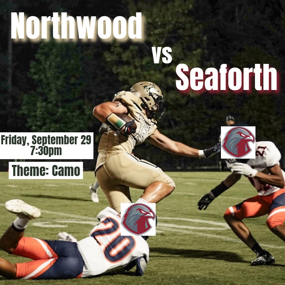 Northwood away vs Seaforth!! Show out and be loud!!📣
 
Theme: Camo

🗓️September 29
⏰7:30pm
📍Seaforth High School
#ALLN