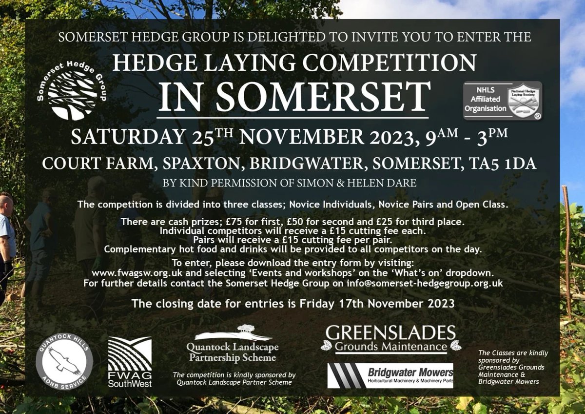 We are pleased to announce our annual Hedge Laying Competition is now open for entries.
Taking place on Saturday 25th November near Spaxton.
Please see: fwagsw.org.uk/.../hedge-layi…... for further details and the entry form
