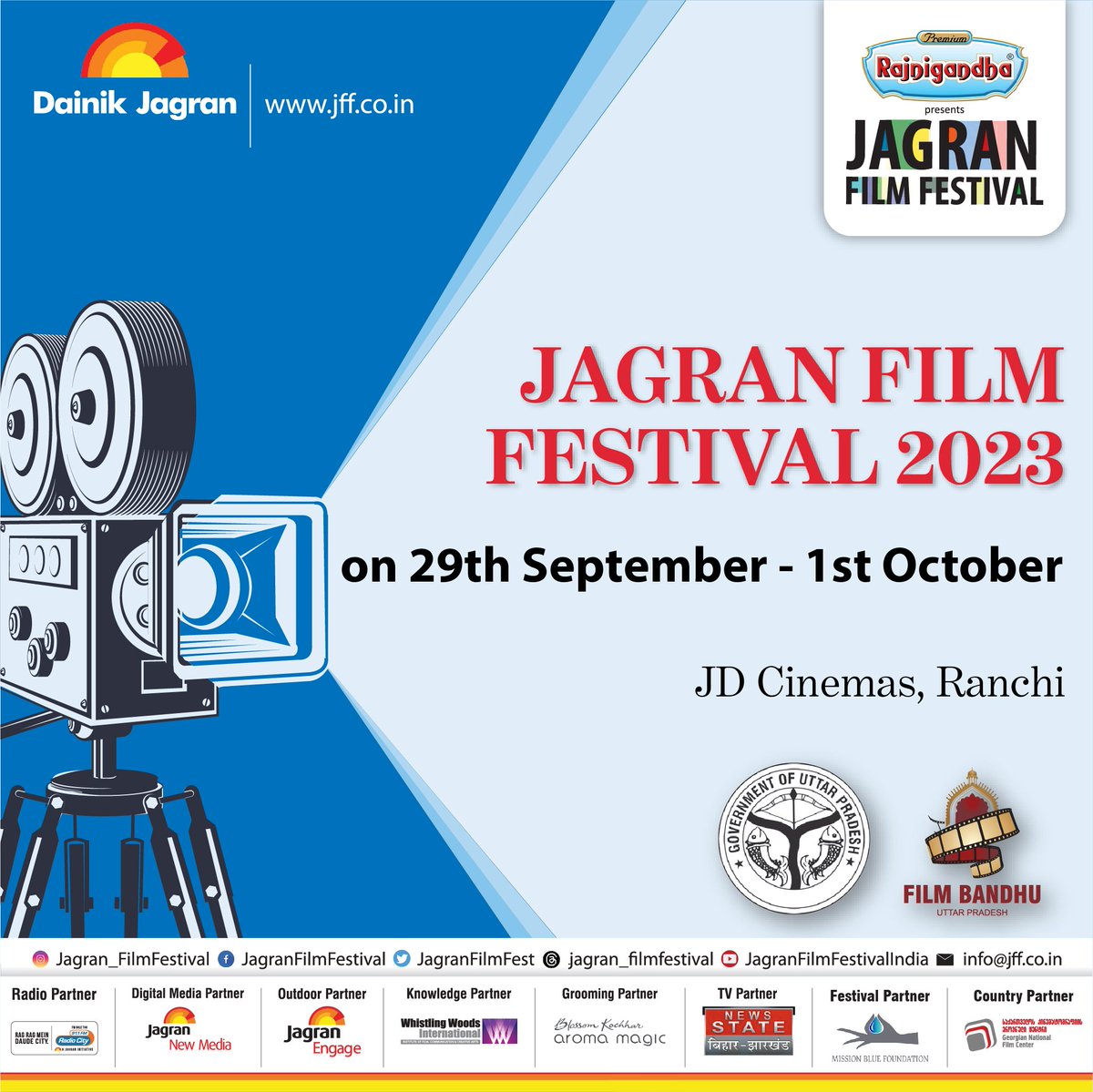 🎬 Ranchi's Reel Delight! Join us at JD Cinemas from Sept 29 - Oct 1 for the Jagran Film Festival 2023. Lights, camera, JFF! 🌟 #JagranFilmFestival #JFF2023 #RanchiRendezvous #JDcinemas #FilmFever #CinephileChronicles #MovieMagic #JFFMumbai