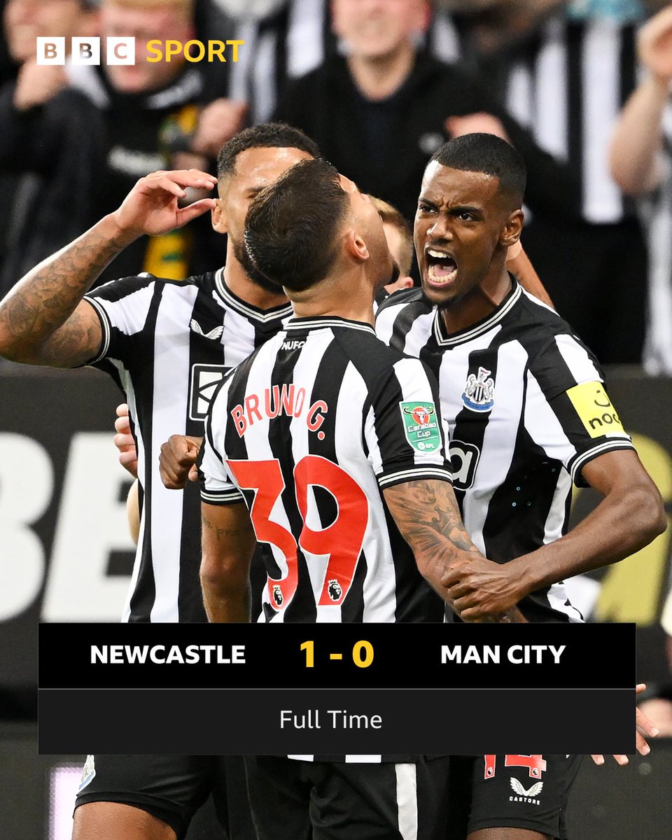 BBCSport's tweet photo. It's a famous win for Newcastle! 🙌⚫⚪

They head into the fourth round of the Carabao Cup 🏆

Man City taste defeat for the first time this season ❌

#BBCFootball #NEWMCI https://t.co/8HkC8vAQVs