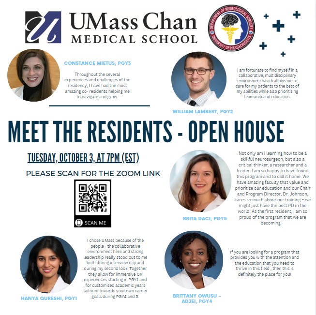 UMassNeuroSurg's tweet photo. Save the date!

 Reminder to sign up to meet our wonderful UMass Neurosurgery residents and learn more about our program on Oct 3rd! https://t.co/5RifyKReVt