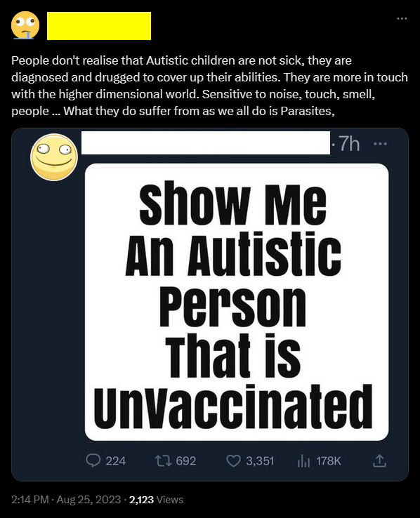 FBScienceSub's tweet photo. Autism is a super-power that is covered up with drugs, apparently.
Also something about parasites.
#FacebookScience #TrueSouls https://t.co/rlRU49prP4