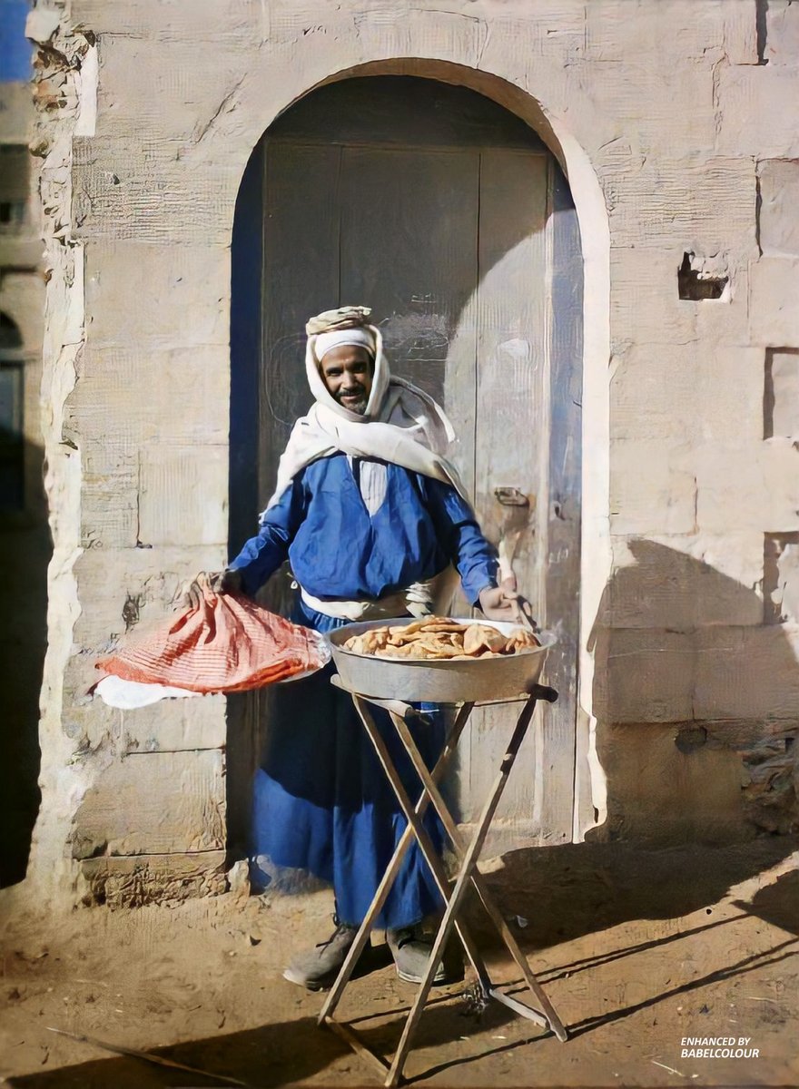 An Egyptian pancake seller in Cairo, photographed in colour 109 years ago (on Thursday 8th January 1914) by French photographer by Auguste Léon (1857-1942). It is an enhanced autochrome and not colourised.