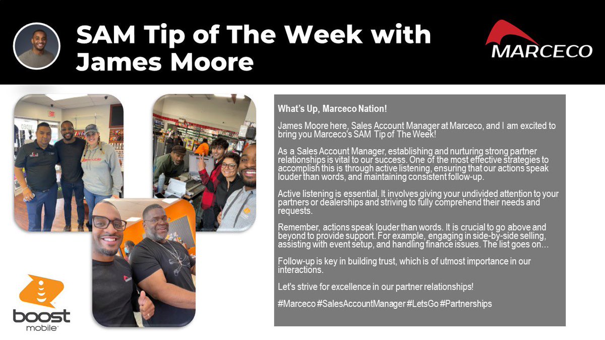 MarcecoNation's tweet photo. It's time 🕐 for our Sales Account Manager "Tip of The Week" with @Jamesmarceco!  #MarcecoNation #BoostNation #TipOfTheWeek #Appeals #SalesManager #SalesTips #Marceco https://t.co/yX9aZz7LEP