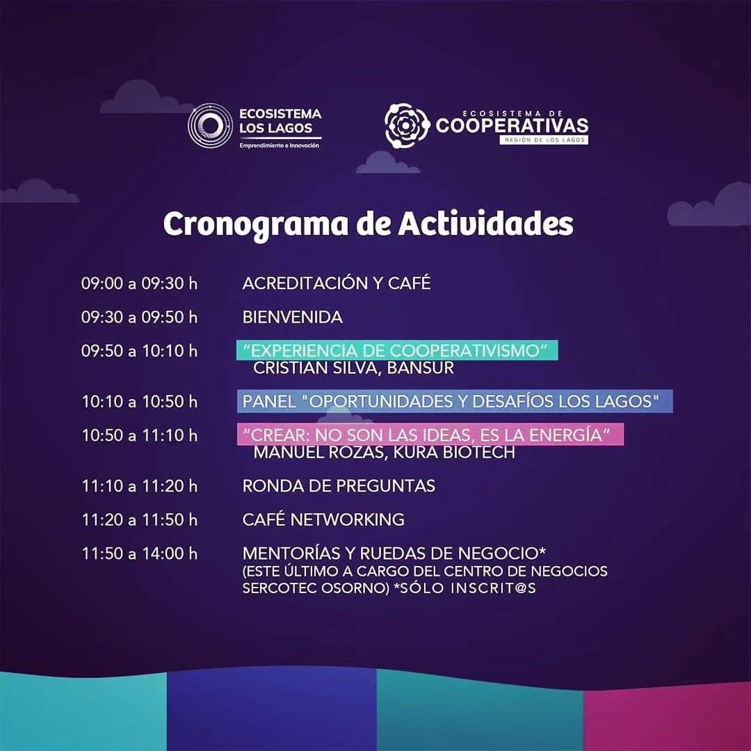 🚀encuentro en #Osorno #Chile "Cooperar para emprender. Súmate al <a href="/EcosistemaLagos/">Ecosistema de Emprendimiento e Innovación</a>, 1º Encuentro Osorno2023" 
📅 5 de Octubre 2023
⏰ 9:00 -14:00 pm
📍 Presencial /Hotel Sonesta de Osorno,  vía streaming con inscripción previa. 
Inscríbete aquí 🌐ecosistemaloslagos.cl/inscripcion