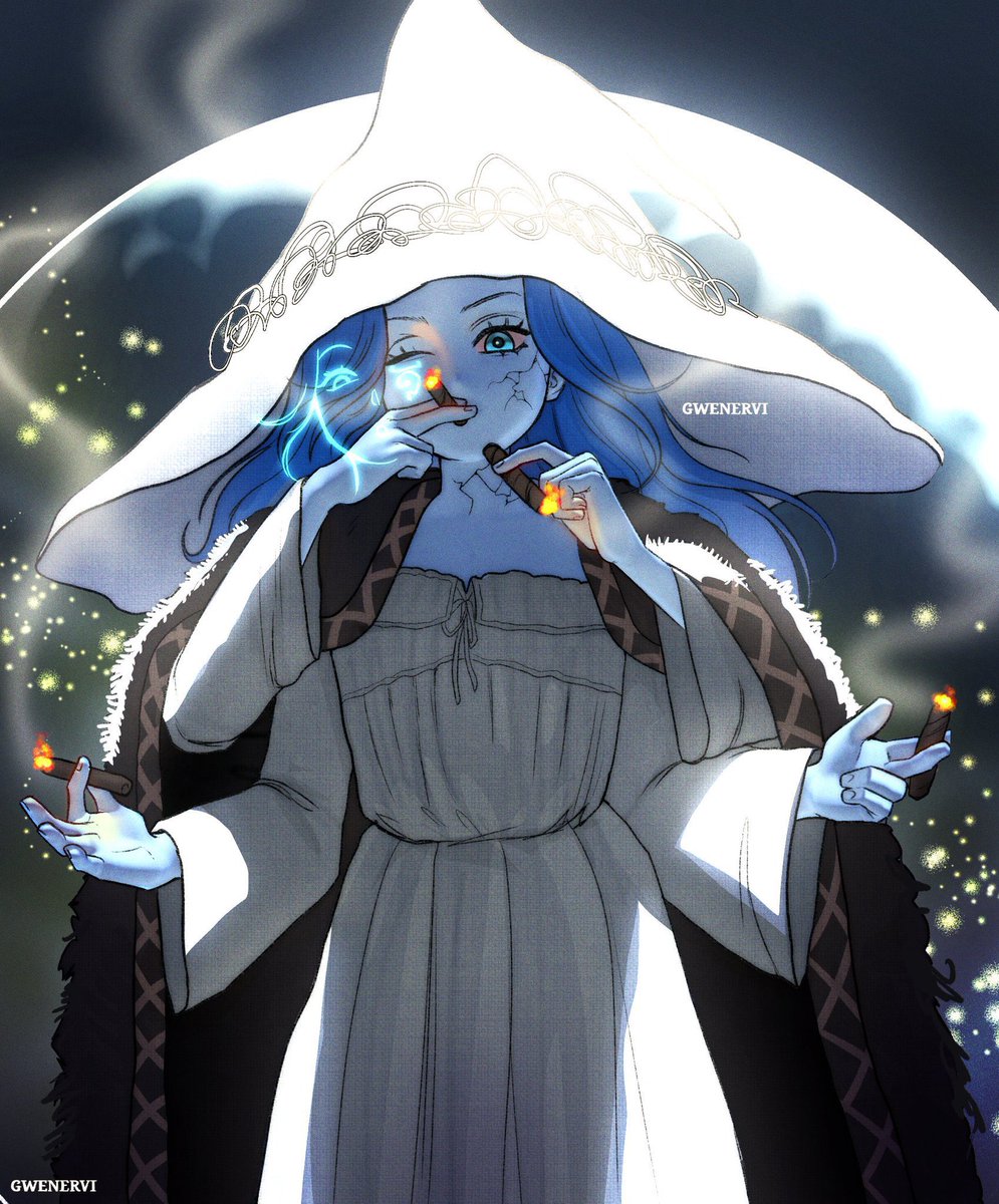 gwenervi's tweet photo. Still mad at myself because my most complete and visually impressive recent piece of artwork is this drawing of Ranni smoking 4 blunts at once https://t.co/wfKxB4Yeeq