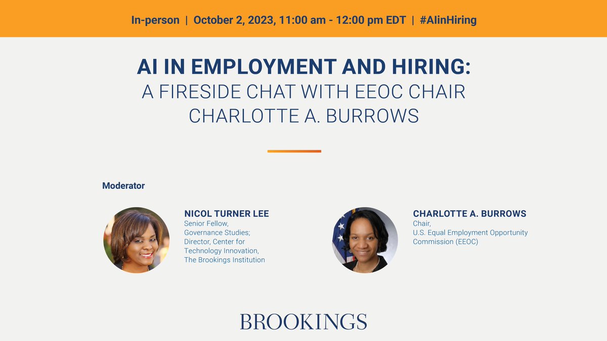 On Oct. 2, @EEOCChair Burrows will join @BrookingsGov Senior Fellow @DrTurnerLee to discuss how AI and other automated technologies are used to make employment decisions and why the EEOC is examining the civil rights implications. 🗓️: Mon, Oct. 2 🕚: 11am brookings.edu/events/ai-in-e…