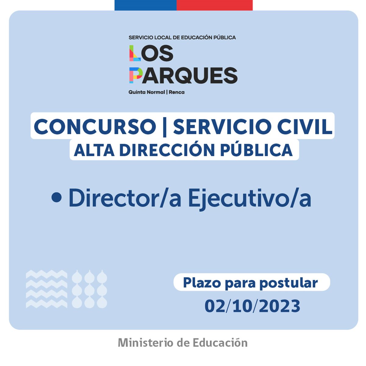 EduPublicaCL's tweet photo. ¡Extensión de plazo! 📣
Sé parte de la Nueva Educación Pública en #QuintaNormal y #Renca 🙌

Transfórmate en director/a ejecutivo/a del Servicio Local #LosParques postulando en 👉https://t.co/FpON900xGJ https://t.co/QrO9cQZeZY