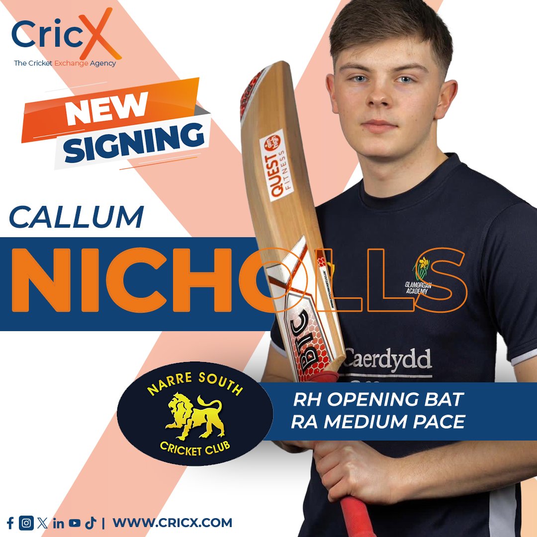 ✍️ | #𝗡𝗲𝘄𝗦𝗶𝗴𝗻𝗶𝗻𝗴

Congrats to #CRICX, @glamcricket &amp; @stfaganscricket talent @cnicholls123🇬🇧 who has signed with <a href="/NarreSouthCC/">Narre South CC</a>🇦🇺 for their Dandenong District Cricket Association🏏 campaign.

All the best, Callum!💪🔥

#𝗙𝘂𝗹𝗹𝗦𝘁𝗼𝗿𝘆𝗜𝗻𝗖𝗼𝗺𝗺𝗲𝗻𝘁𝘀👇