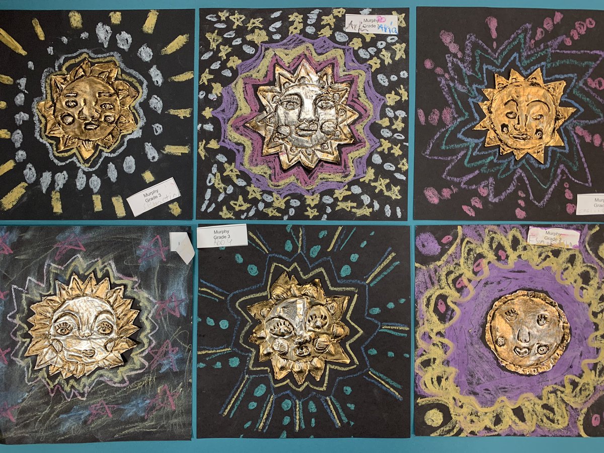 Third grade students in Miss Murphy’s class learned how to emboss tin to create symmetrical designs of the sun!  Students learned the history of the sunstone with this project. <a href="/muhlsd/">Muhlenberg SD</a>