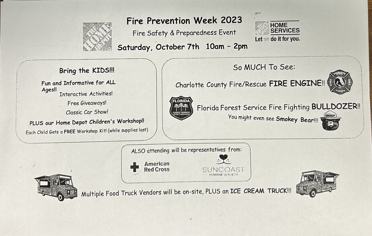 dawndaurizio2's tweet image. Port Charlotte Home Depot is having some more fun. Come, meet our guests and talk about fire safety. Also see some classic cars food trucks and let’s not forget Home Depot kids workshop for the kiddies.( while supplies last) @JonathanRiosTHD @Austin0517Felix @RubenRo48457043