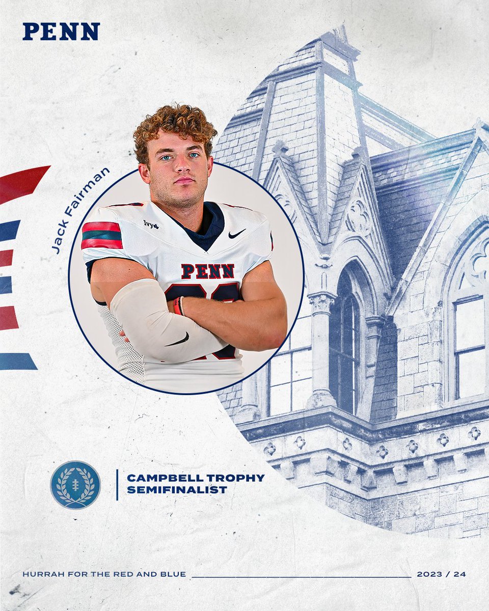 PennFB's tweet photo. Recognized for excellence in the classroom, community and on the field, senior Jack Fairman is a semifinalist for the #CampbellTrophy! 📚🏈

📰 https://t.co/nvPgMqpWEp

#FightOnPenn x #BEGREAT https://t.co/zwflUh1MpK