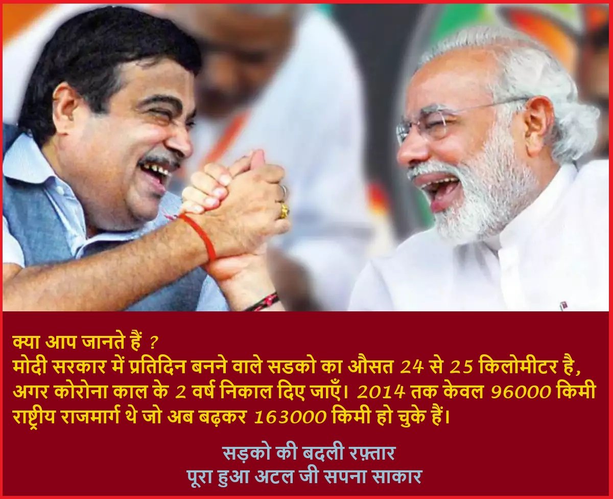 Gyan198's tweet photo. क्या आप जानते हैं?
मोदी सरकार में प्रतिदिन बनने वाले राष्ट्रीय राजमार्ग का औसत 24-25 किलोमीटर है, अगर कोरोना काल के 2 वर्ष निकाल दिए जाएँ।
2014 तक 96000 km राष्ट्रीय राजमार्ग थे जो अब 163000 km हो चुके हैं
सड़को की बदली रफ़्तार
पूरा हुआ अटल जी सपना साकार
#ModiIsBestPM
@PMOIndia https://t.co/5VVlSeIX3s