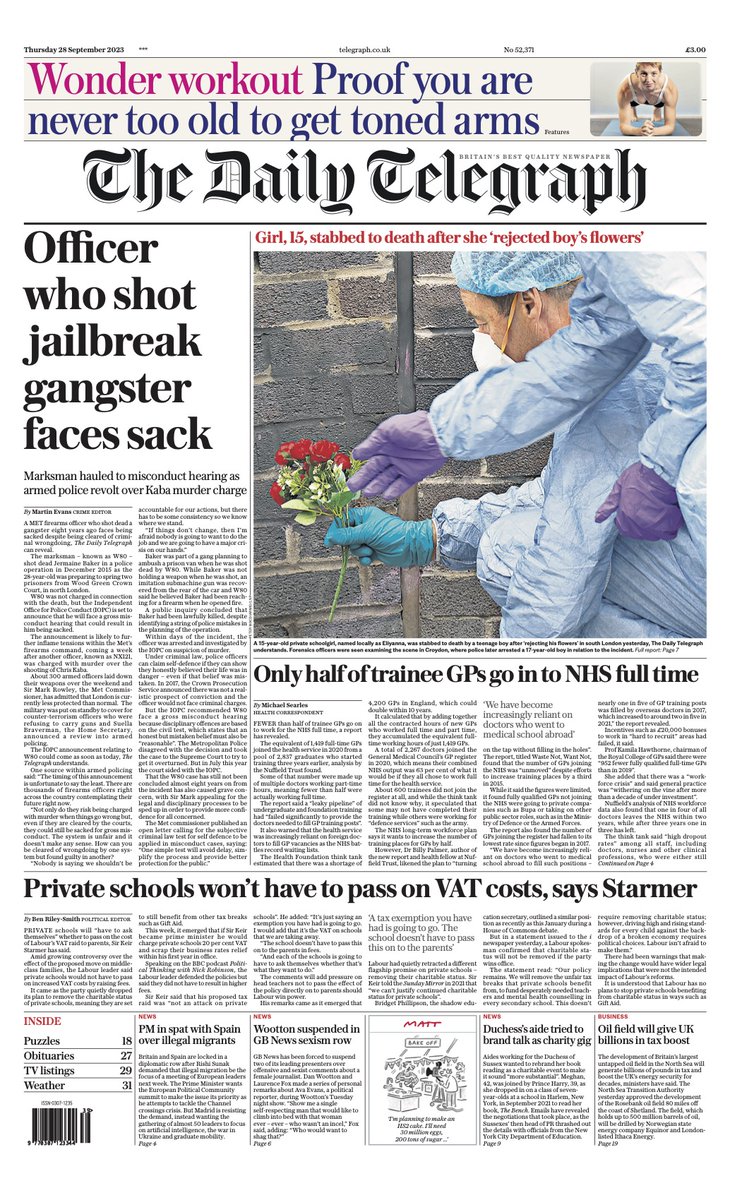 Telegraph's tweet photo. The front page of today's Daily Telegraph:

'Officer who shot jailbreak gangster faces sack'

#TomorrowsPapersToday

Sign up for the Front Page newsletter
https://t.co/5sBUTD7oSN https://t.co/vGDnsKHN8v
