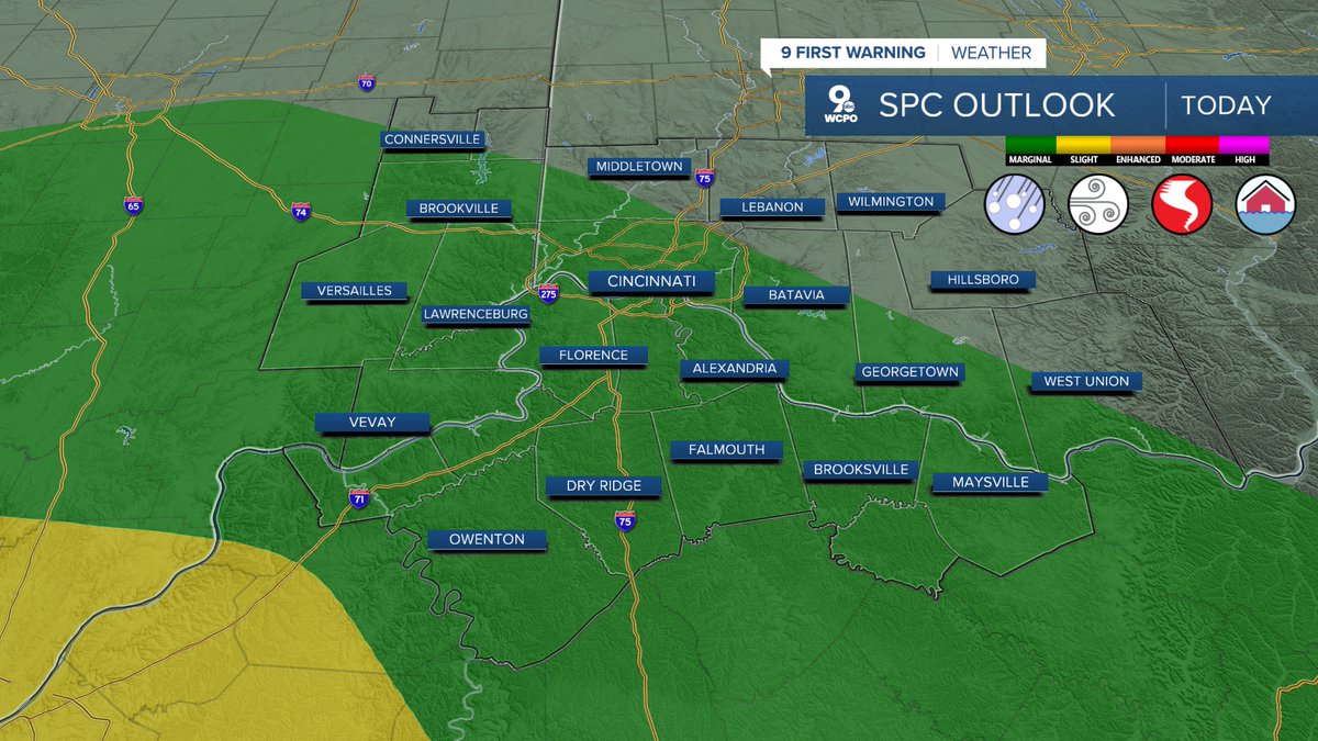 wxSpinner89's tweet photo. We are in a quiet pattern right now, but more showers and storms will be possible this evening. Some storms could be strong. The Storm Prediction Center has a majority of the Tri-State in their Marginal Risk for severe weather this evening. #WPCO @WCPO #CincyWX #OHwx #NKYwx #INwx https://t.co/1M5GgLk7dB